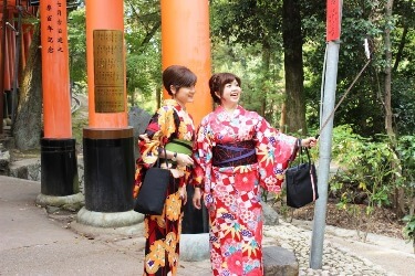 Two young women in Kimono with Selfie stick